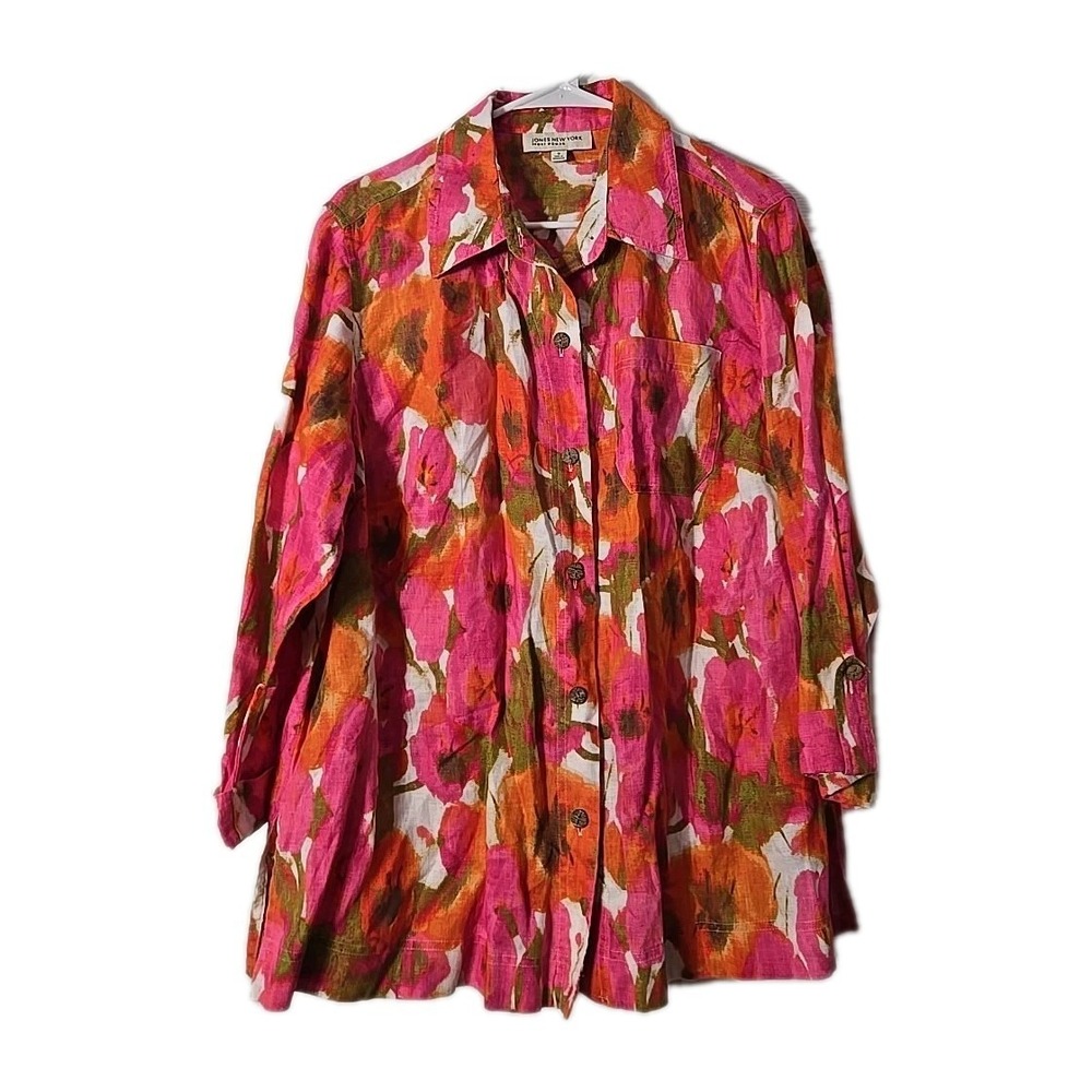 Jones New York Signature 100% Linen Shirt Size 1X Pink , Orange Floral Womans